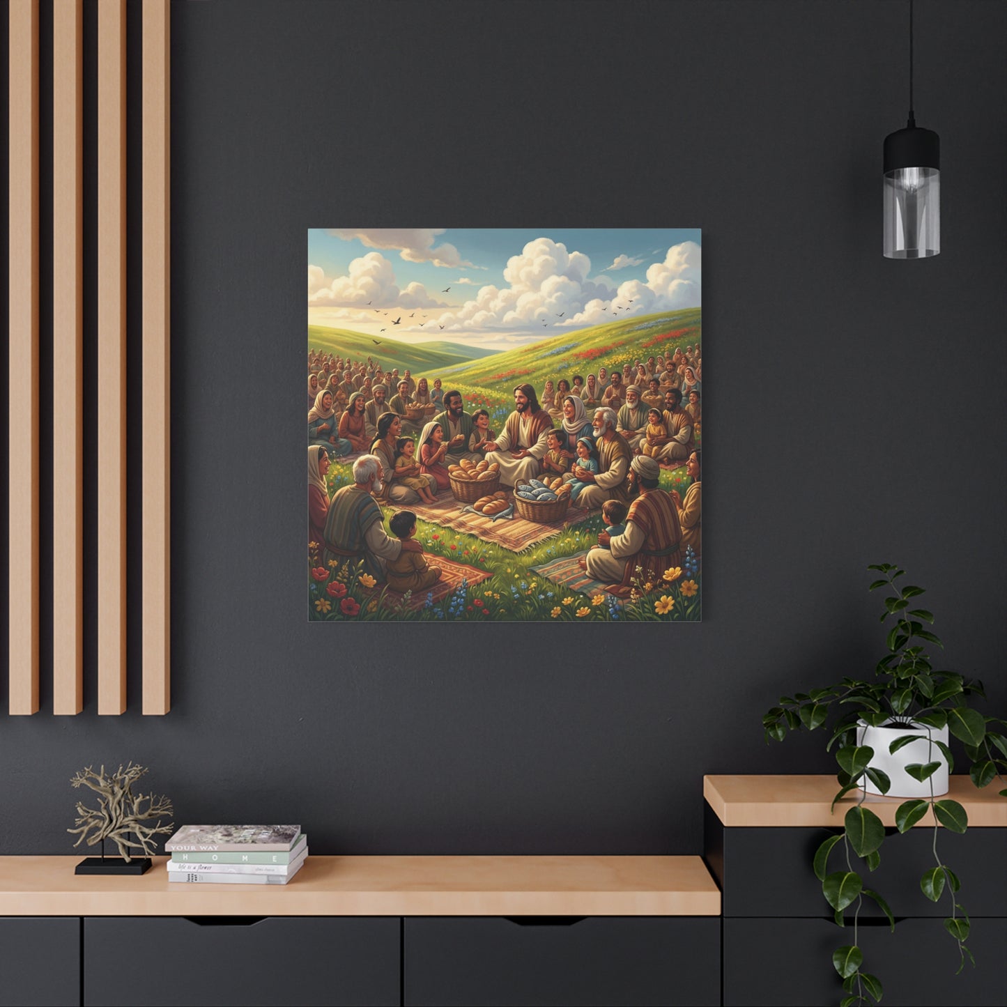 Jesus Feeding The Multitude Canvas Wall Art - Bread And Fish Biblical Scene - Meadow Landscape Christian Home Decor - Matte Cotton Print For Living Room, Bedroom, Office, Meditation Space