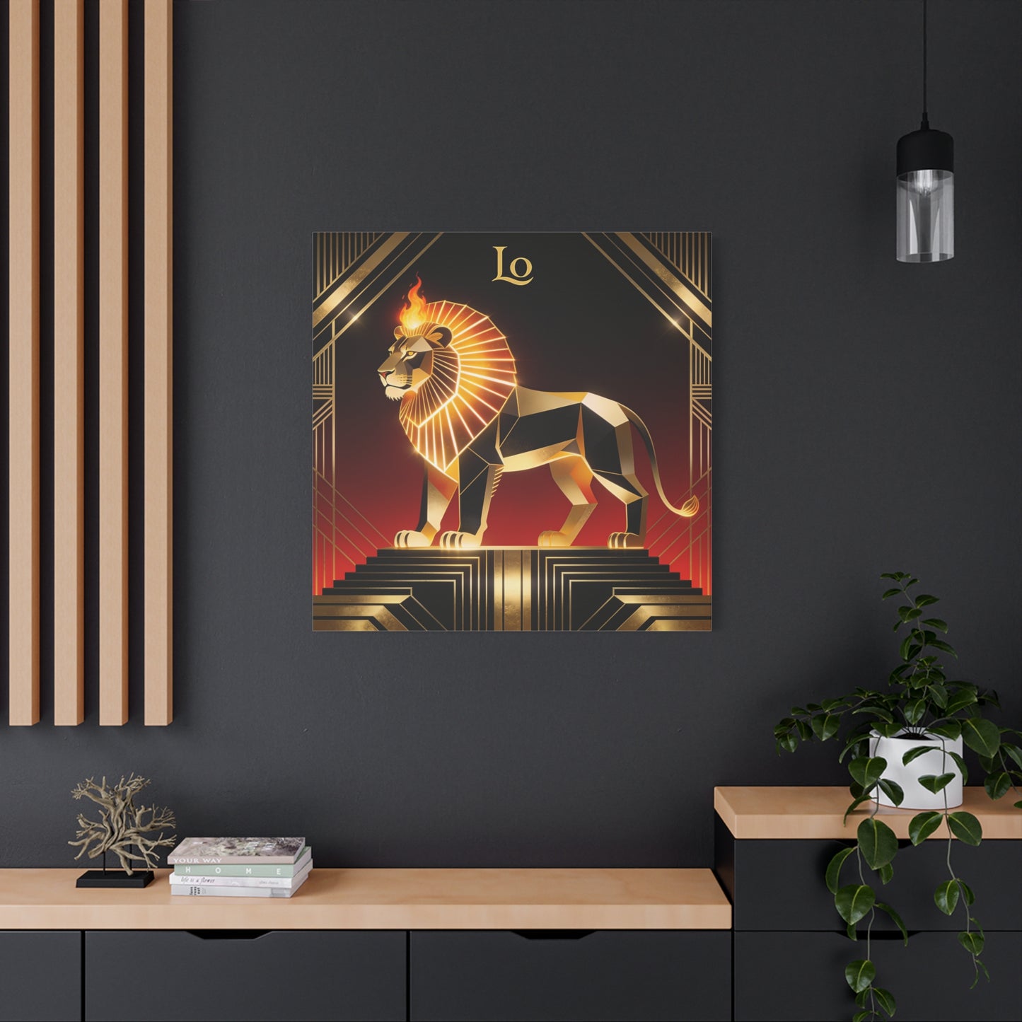 "Lo" Geometric Lion Canvas Wall Decor - Art Deco Gold Black Red Animal Print - Flaming Mane Illustration, Modern Luxe Interior Accent, Living Room Home Decoration - Living Room Wall Decor