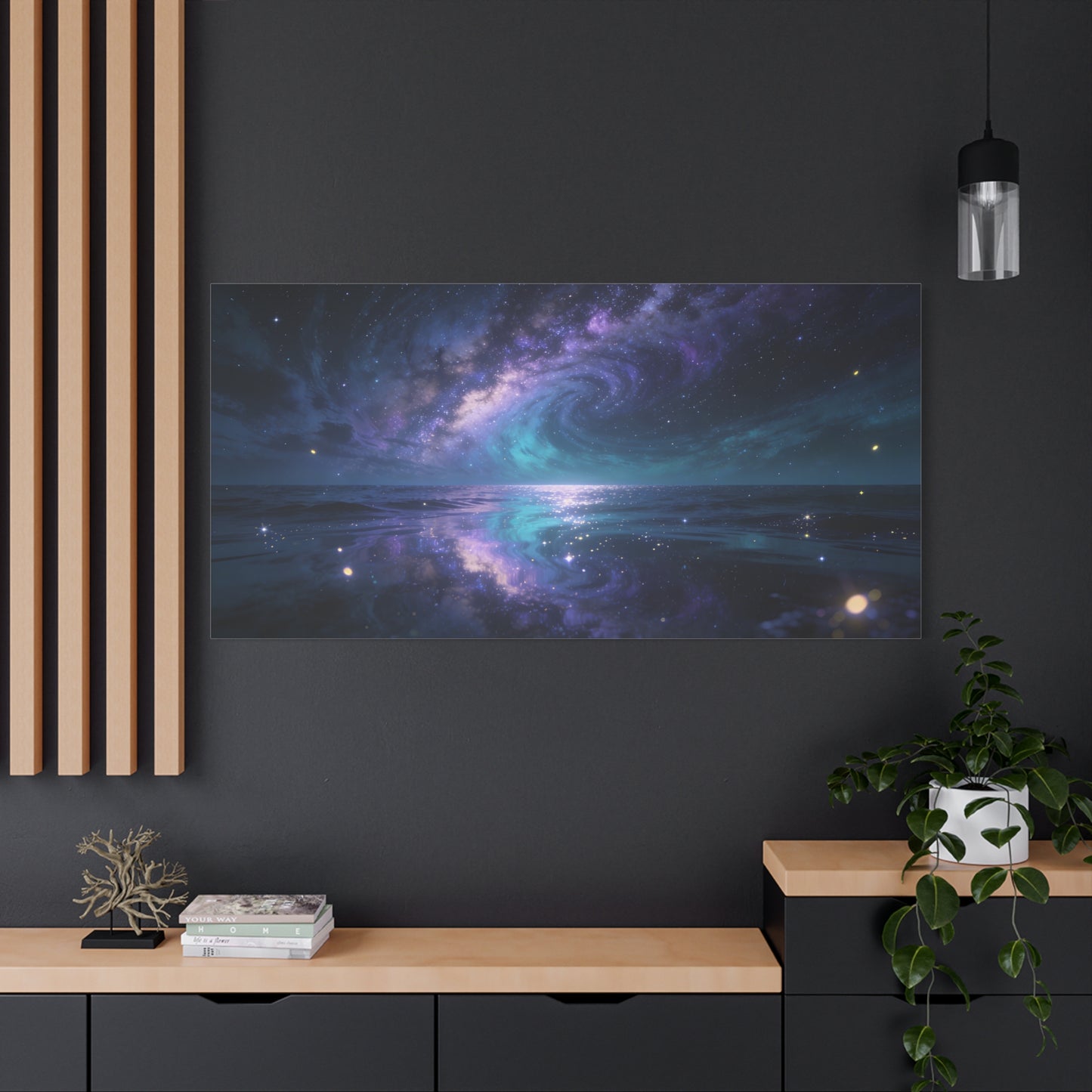 Galaxy Ocean Canvas Wall Art - Swirling Milky Way Night Seascape, Celestial Horizon Reflection - Matte Cotton Art Print - Contemporary Space Decor For Living Room Bedroom Office - Ready to Hang