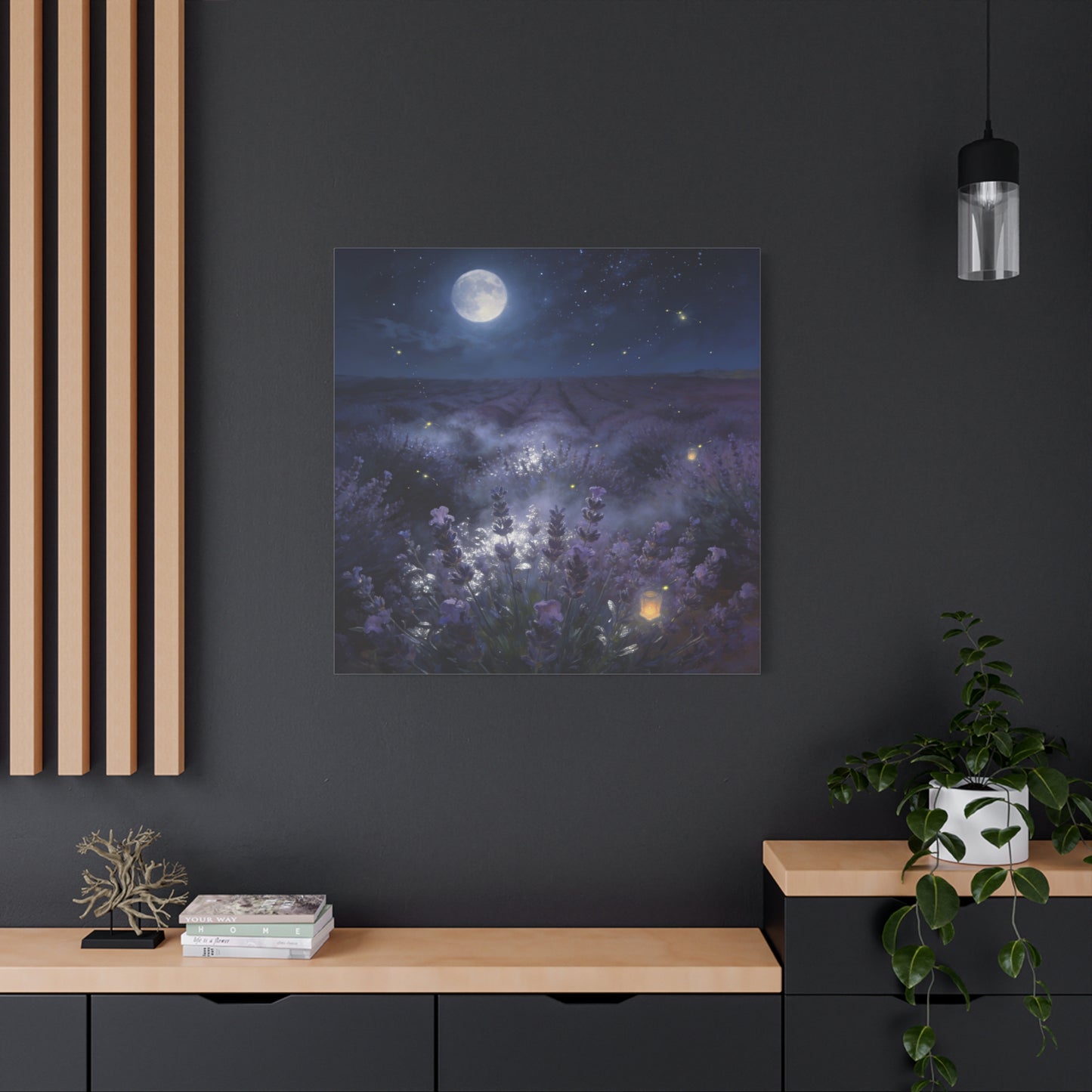 Moonlit Lavender Field Canvas Wall Art - Firefly Night Landscape, capiz shells wall decor - Matte Cotton Art Print, Calming Traditional Style - Bedroom Home Decoration, Office Wall Art - Ready to Hang
