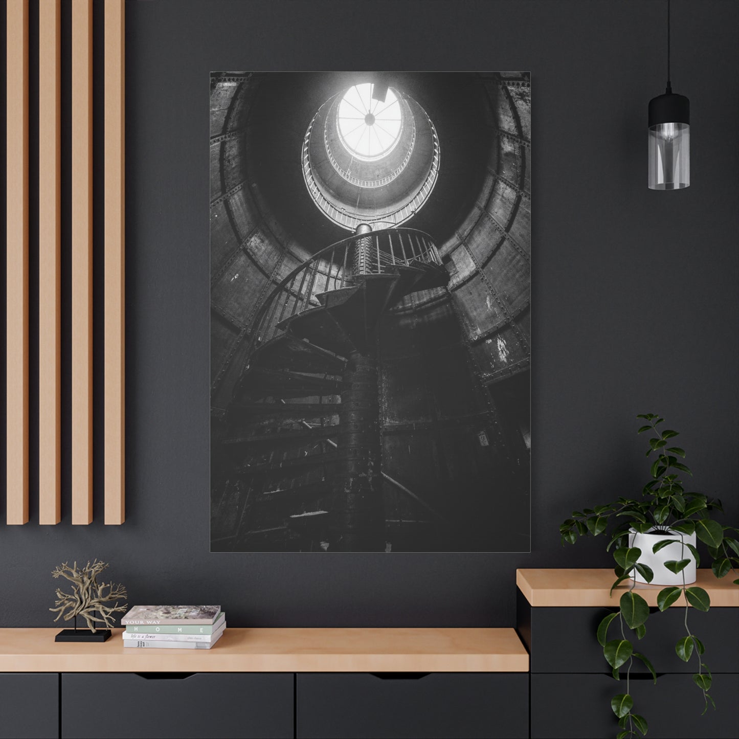 Black And White Spiral Staircase Canvas Wall Art - Architectural Art Print, Industrial Contemporary Style, Moody Home Decor, Home Office Wall Art, Living Room Accent - Modern Farmhouse Style