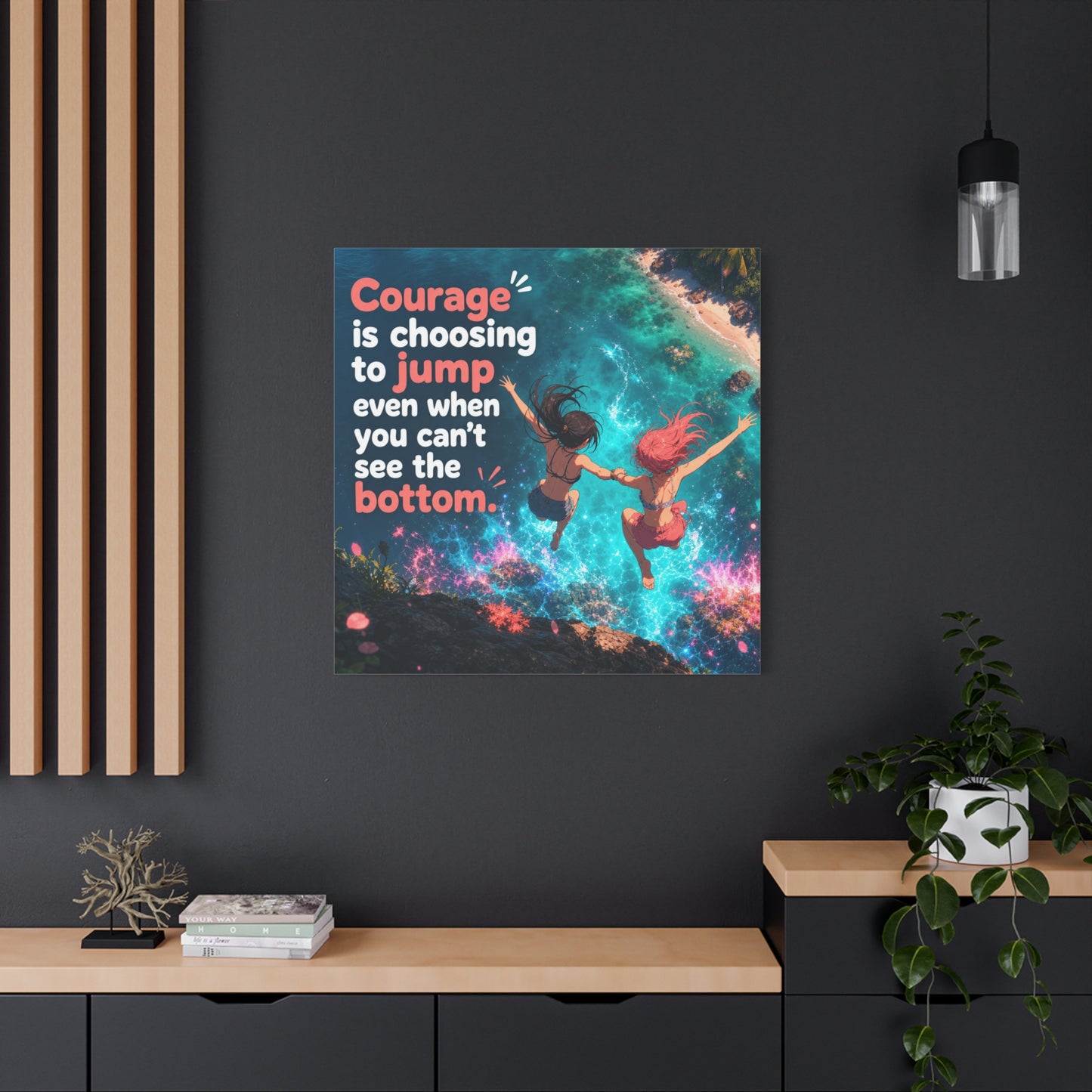 "Courage Is Choosing To Jump Even When You Can't See The Bottom" Canvas Wall Art - Coastal Quote Illustration, Inspirational Ocean Cliff Scene, Bedroom Wall Decor, Teen Space Accent - Ready to Hang