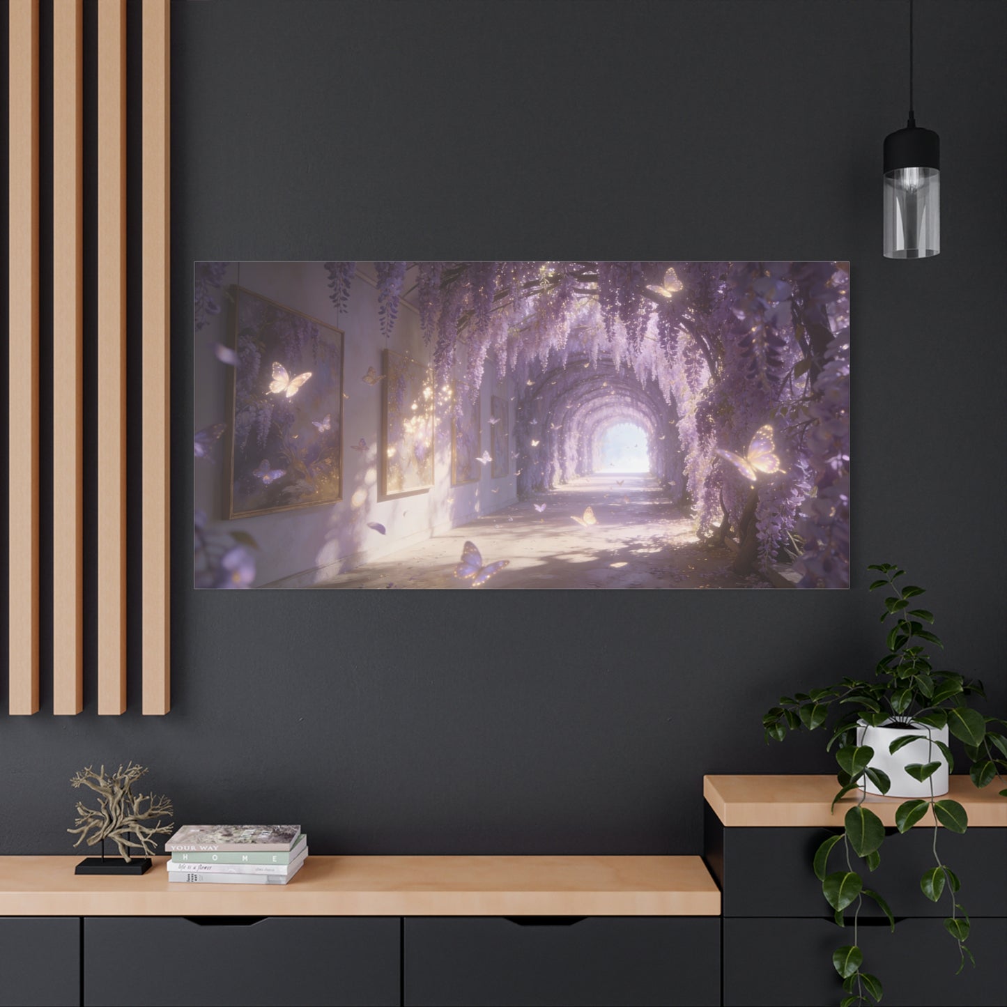 Wisteria Butterfly Canvas Wall Art - Dreamy Floral Tunnel Illustration, Lavender Glow, Matte Cotton Print - Contemporary Fantasy Style - Bedroom Wall Decor, Living Room Home Accent - Ready to Hang