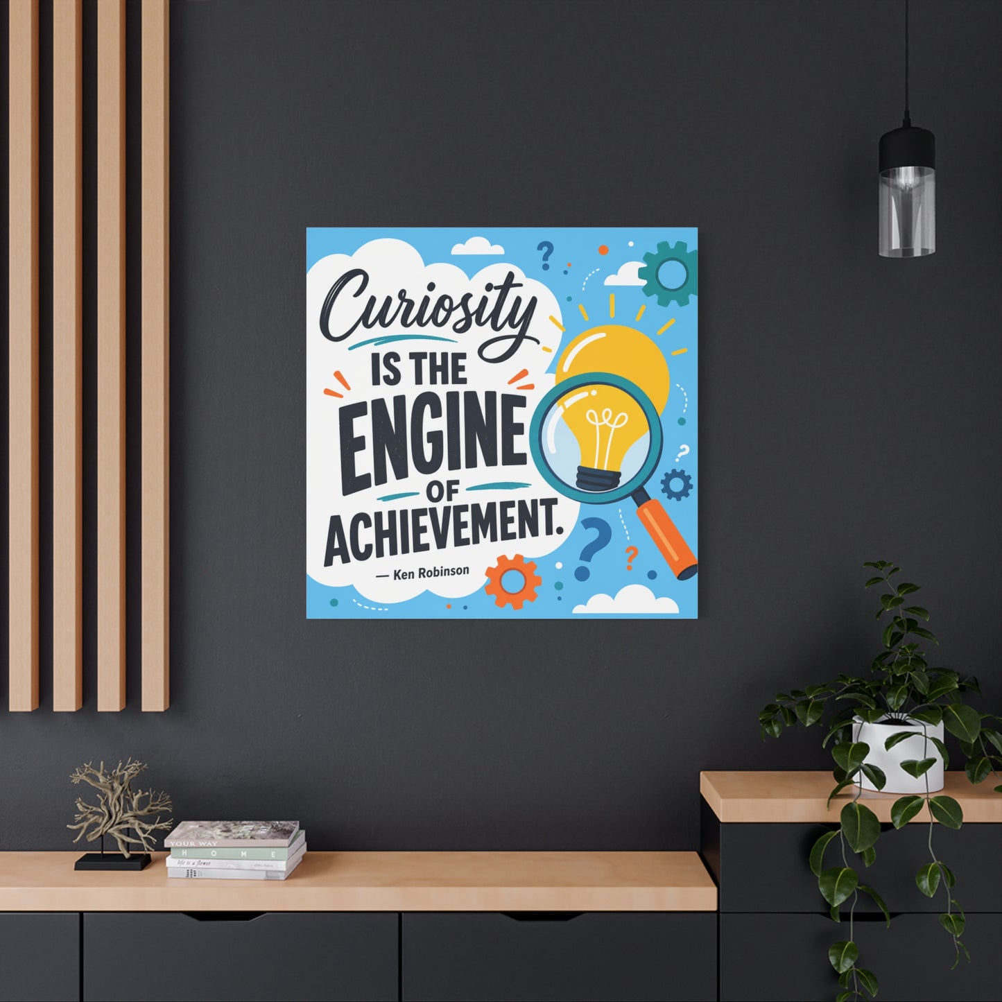 "Curiosity Is The Engine Of Achievement." Quote Canvas Wall Art - Classroom Inspirational Decor, Light Bulb Learning Poster, Teacher Office Wall Hanging, Kids Study Room Decoration - Ready to Hang