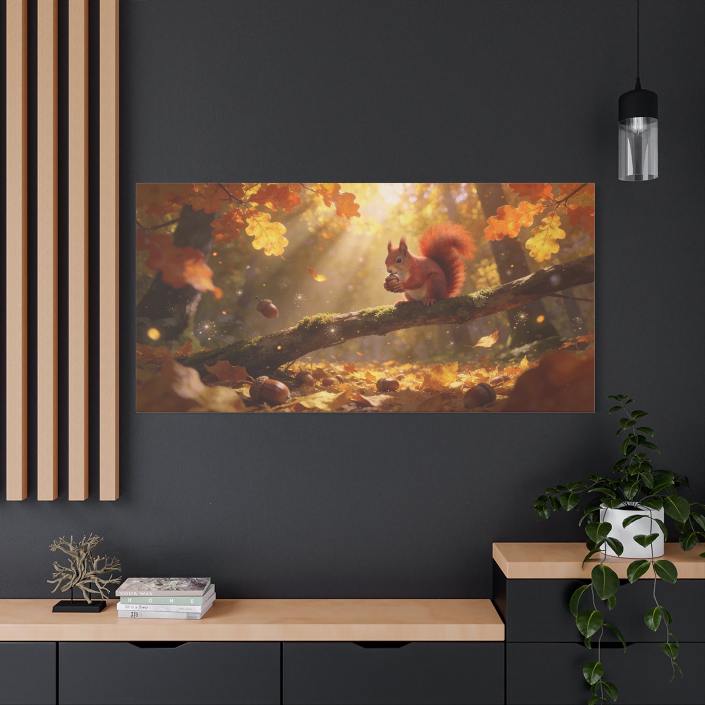 Red Squirrel Canvas Wall Art - Autumn Forest Acorn Scene, Golden Sunlight, Matte Cotton Print - Rustic Woodland Decor, Living Room Accent, Bedroom Decoration, Office Nature Artwork - Office Wall Art