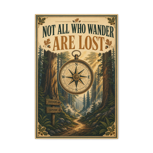 "Not All Who Wander Are Lost" Canvas Wall Art - Forest Compass Quote Print, Vintage Rustic Adventure Decor, Wanderlust Typography Poster Style, Living Room Bedroom Office - Living Room Wall Decor