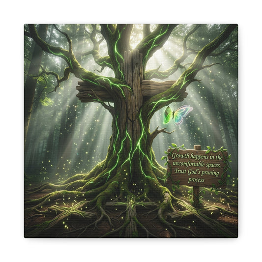 "Growth Happens In The Uncomfortable Spaces, Trust God's Pruning Process" Christian Canvas Wall Art - Forest Tree Cross, Butterfly - Inspirational Rustic Decor - Living Room Wall Decor - Ready to Hang