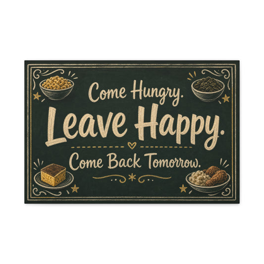 "Come Hungry. Leave Happy. Come Back Tomorrow." Canvas Wall Art - Chalkboard Food Quote Print, Rustic Farmhouse Style, Restaurant Accent - Restaurant Wall Decor - Bistro Sign Decor - Ready to Hang