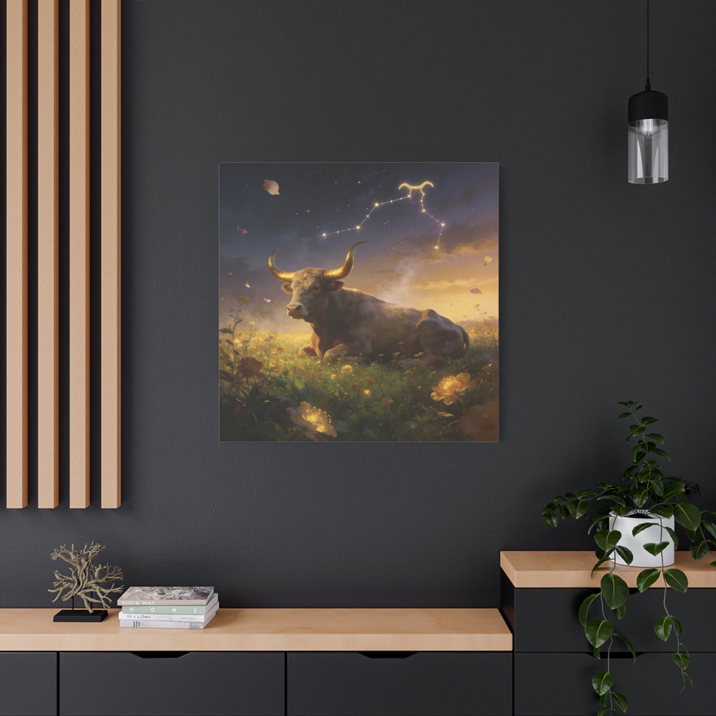 Taurus Zodiac Bull Canvas Wall Art - Celestial Constellation Night Meadow, Golden Horns, Dreamy Illustration - Matte Cotton Print - Bedroom Home Decoration, Office Wall Decor - Bedroom Home Decoration