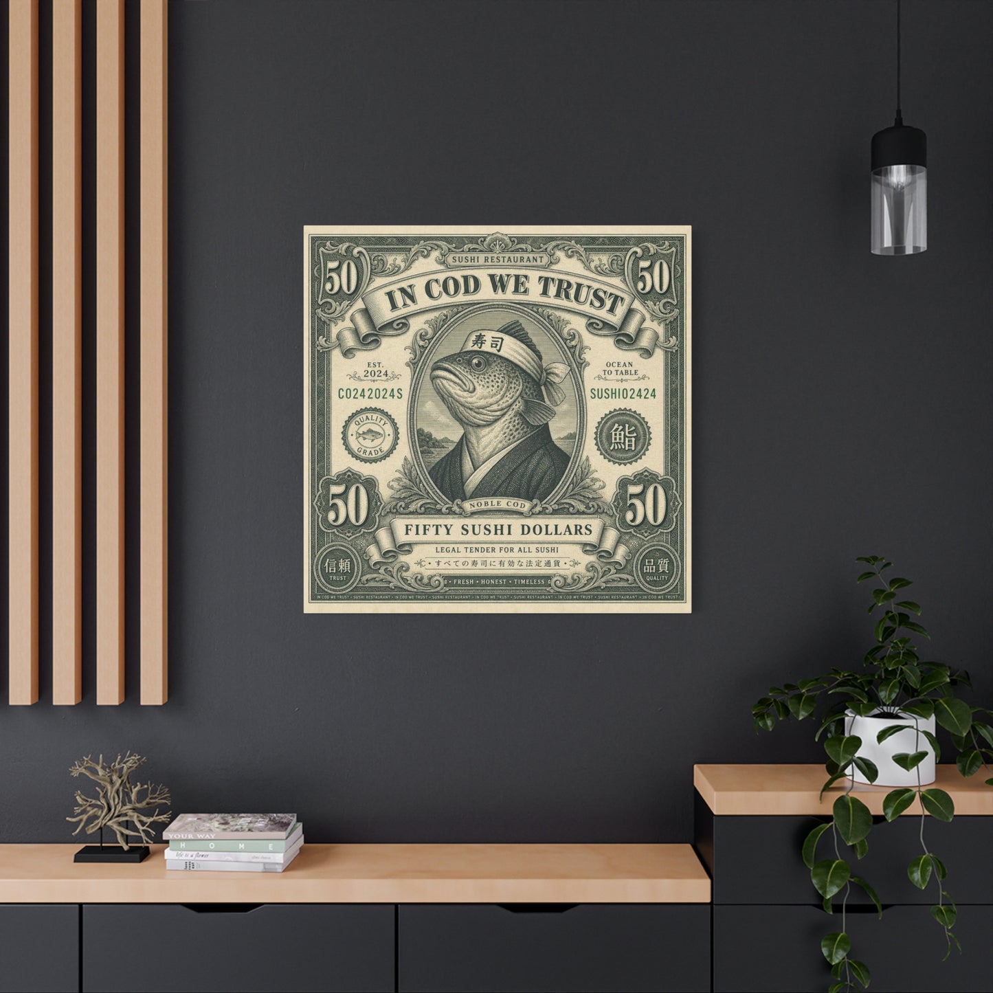 "In Cod We Trust" Sushi Restaurant Canvas Wall Art - Vintage Money Bill Fish Illustration, Typography Poster Style, Cotton Canvas Print, Cafe Decor, Dining Room Accent, Office Art - Ready to Hang