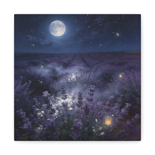 Moonlit Lavender Field Canvas Wall Art - Firefly Night Landscape, capiz shells wall decor - Matte Cotton Art Print, Calming Traditional Style - Bedroom Home Decoration, Office Wall Art - Ready to Hang