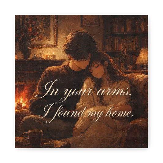 "In Your Arms, I Found My Home" Romantic Couple Canvas Wall Art - Cozy Fireplace Library Scene, Warm Vintage Style - Bedroom Home Decoration, Living Room Accent - Ready to Hang - Office Wall Art
