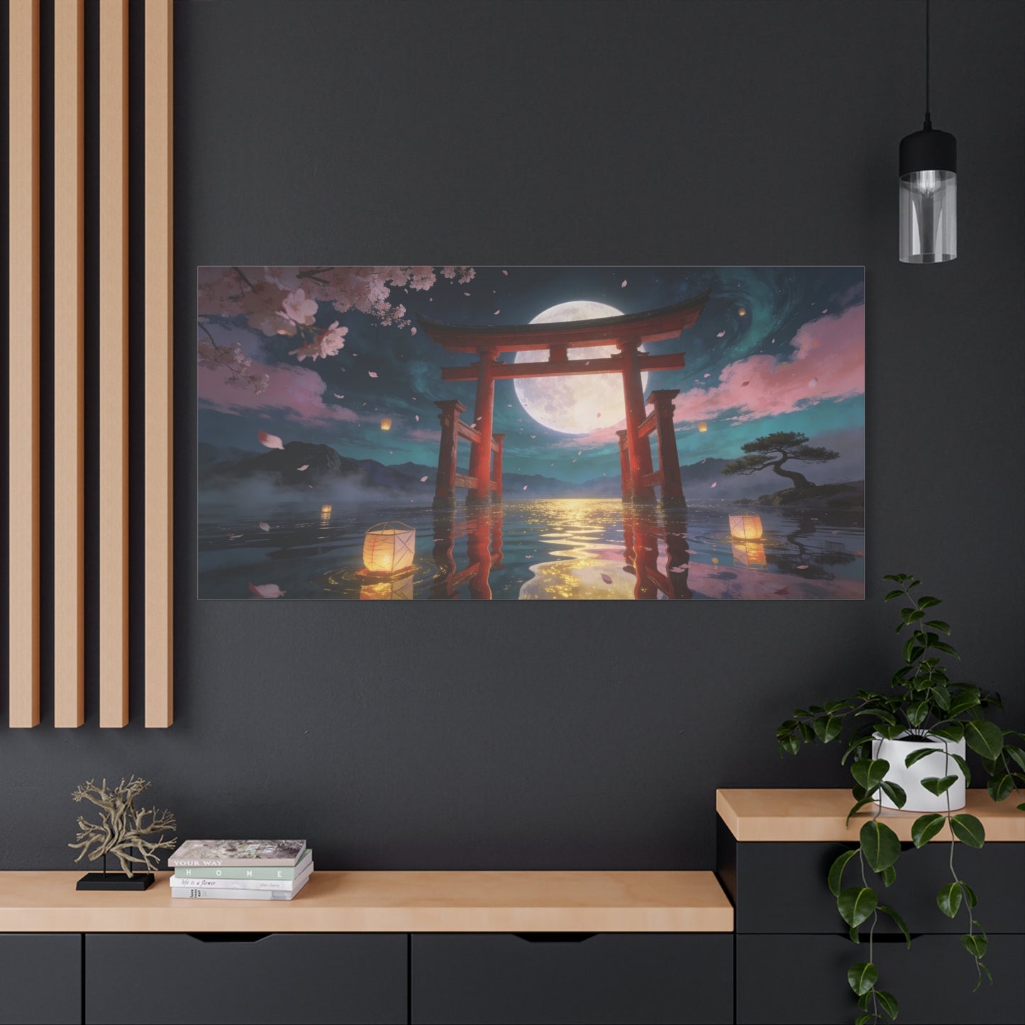 Japanese Torii Gate Canvas Wall Art - Moonlit Lake, Cherry Blossom Petals - Contemporary Fantasy Landscape - Living Room Wall Decor, Bedroom Home Decoration, Meditation Space - Bedroom Home Decoration