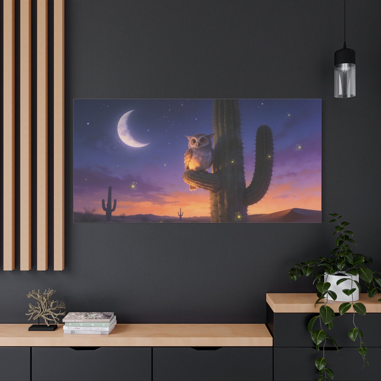 Owl On Saguaro Cactus Canvas Wall Art - Moonlit Desert Night Sky, Fireflies, Twilight Landscape - Matte Cotton Print - Contemporary Wildlife Style - Bedroom Living Room Decor - Living Room Wall Decor