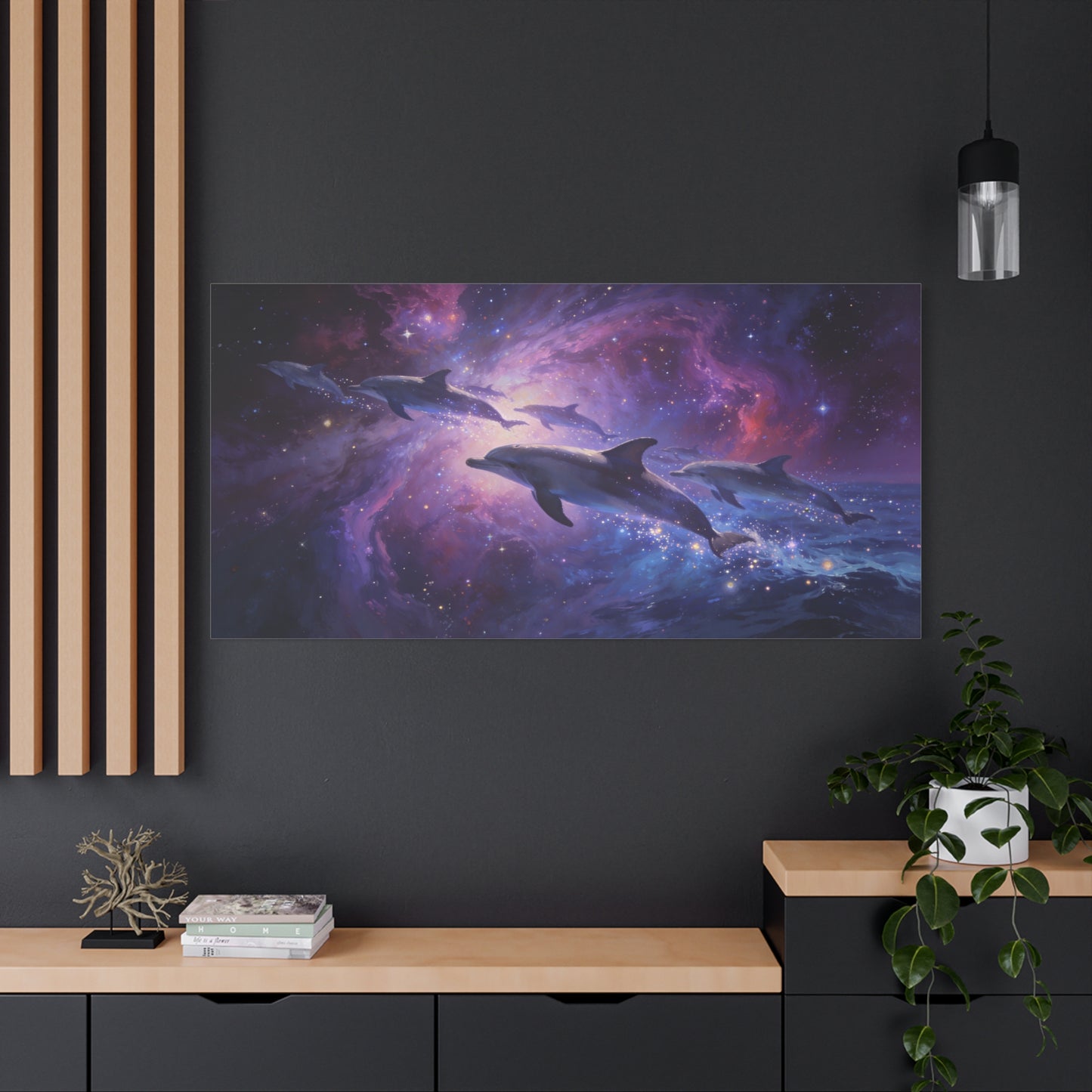 Cosmic Dolphin Canvas Wall Art - Celestial Ocean Galaxy Painting, Zebra Print Wallpaper Inspired Purple Blue Space Scene - Matte Canvas Print - Bedroom Living Room Decor - Living Room Wall Decor