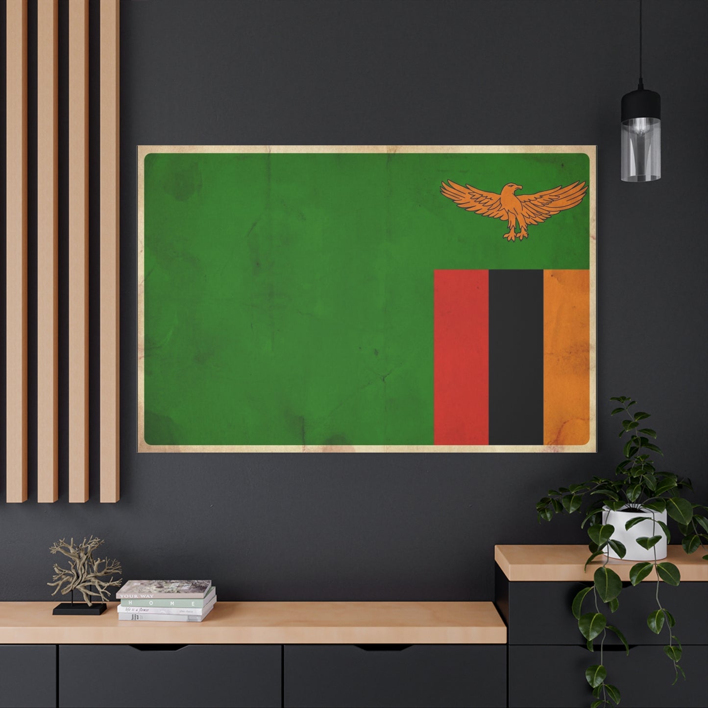 Zambia Flag Canvas Wall Art - Green Field, Orange Eagle, Red Black Gold Stripes - Vintage Patriotic Print - Living Room Wall Decor, Office Art - Bedroom Home Decoration - Bedroom Home Decoration