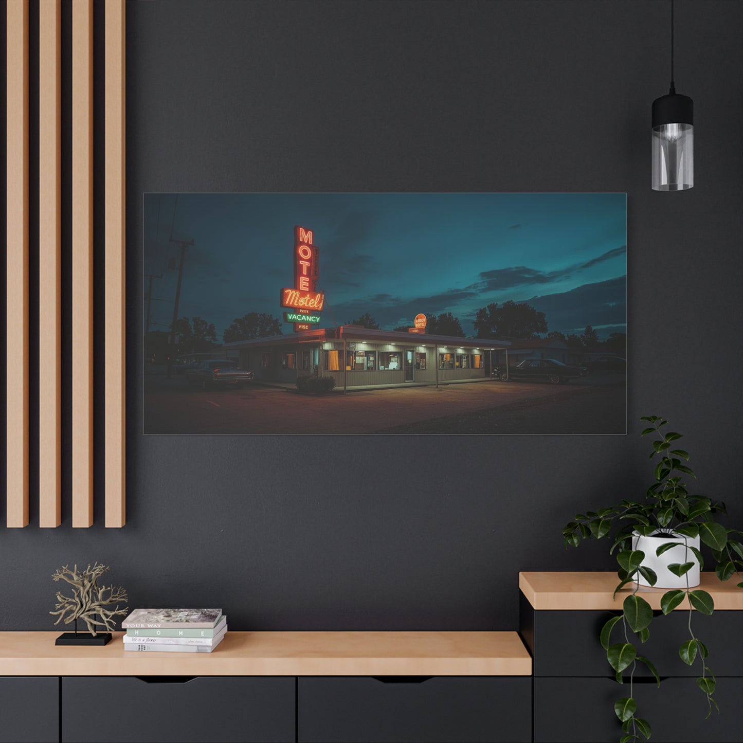 Neon Motel Canvas Wall Art - Vintage Roadside Motel Art Print, Blue Night Sky, Retro Americana Style - Living Room Wall Decor, Home Decoration, Office Art Accent - Bedroom Home Decoration