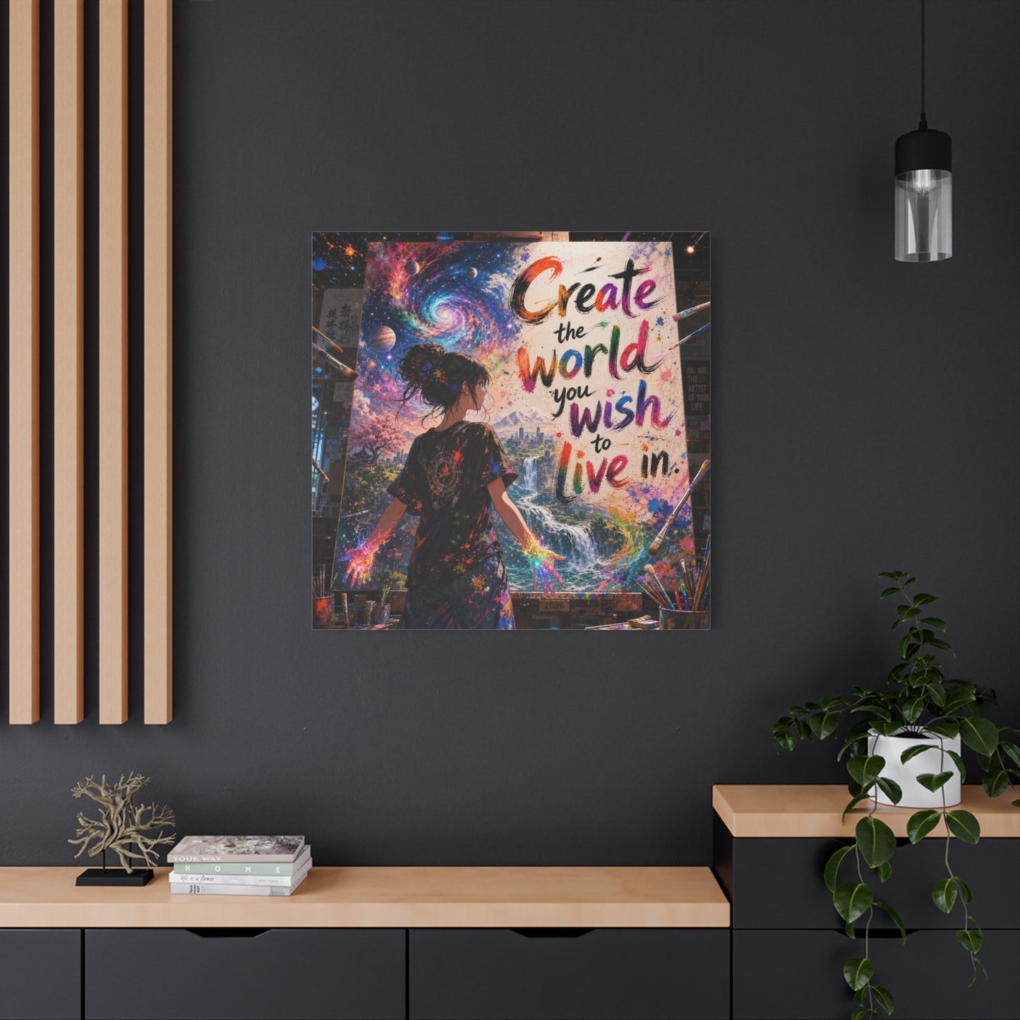 "Create The World You Wish To Live In" Inspirational Canvas Wall Art - Colorful Cosmic Artist Girl Quote Print - Modern Typography Decor - Bedroom Home Decoration, Creative Office Accent