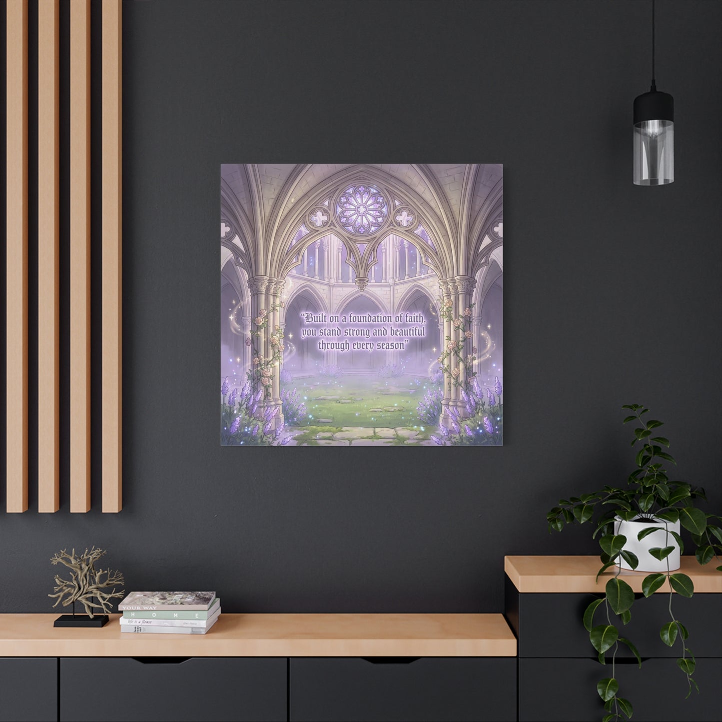 "Built On A Foundation Of Faith, You Stand Strong And Beautiful Through Every Season" Canvas Wall Art - Gothic Cathedral Arch Quote Print - Lavender Floral Decor For Bedroom Living Room
