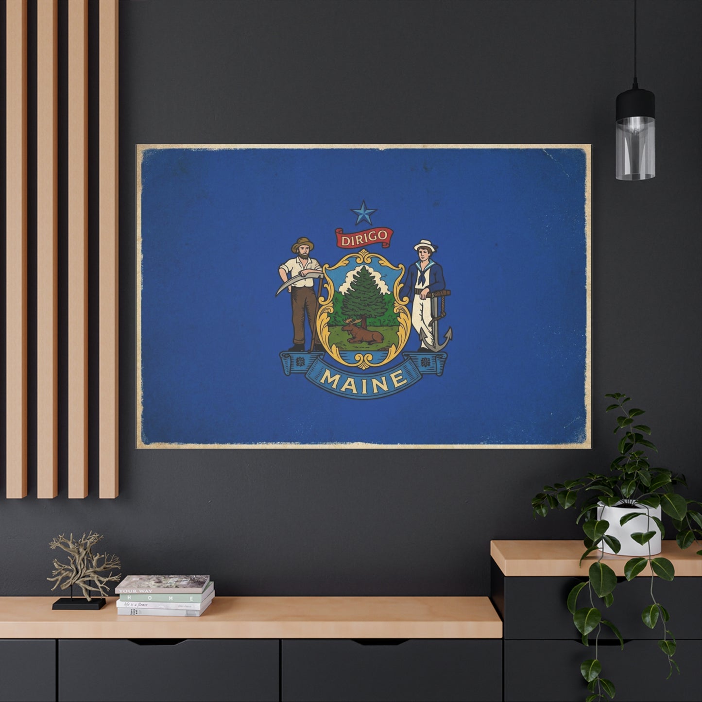 Maine State Flag Canvas Wall Art - Dirigo Vintage Blue Flag Print, Rustic Patriotic Decor - Distressed Illustration Style - Living Room Wall Decor, Office Art Accent - Bedroom Home Decoration