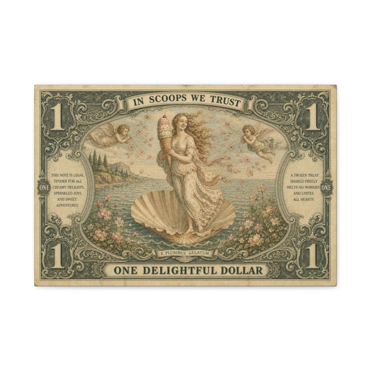 "In Scoops We Trust" Ice Cream Venus Canvas Wall Art - Vintage Parody Currency Print, Mythological Seaside Illustration, Whimsical Retro Decor, Living Room Bedroom Office Accent - Office Wall Art