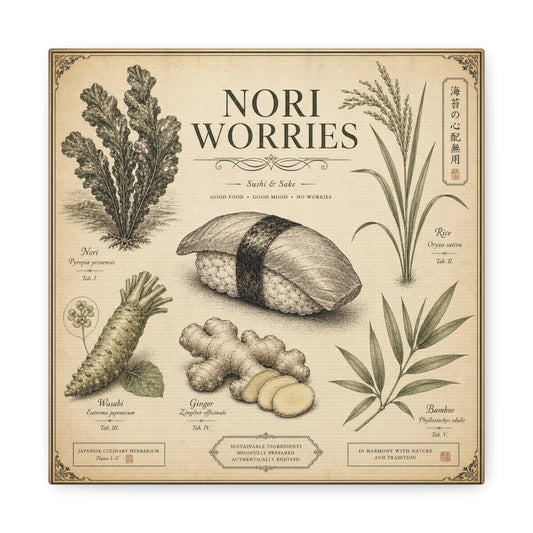 "Nori Worries" Sushi And Sake Canvas Wall Art - Vintage Japanese Culinary Herbarium Print, Rice Nori Wasabi Ginger Bamboo Illustration - Kitchen Wall Decor, Dining Room Accent - Modern Farmhouse Style