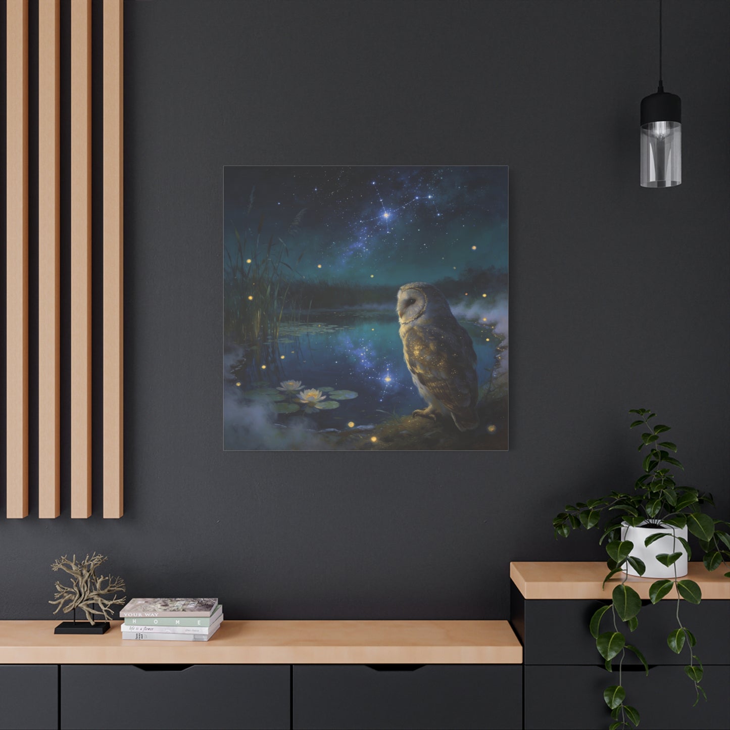 Barn Owl Canvas Wall Art - Moonlit Pond, Fireflies, Water Lilies, Starry Night Sky - Dreamy Wildlife Painting - Matte Finish Canvas Print - Bedroom Wall Decor, Nursery Accent - Bedroom Home Decoration