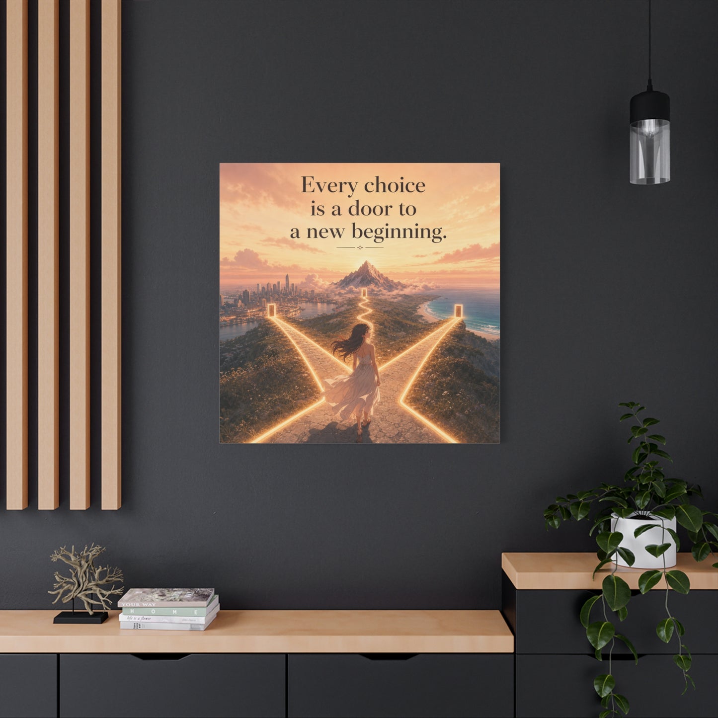 "Every Choice Is A Door To A New Beginning." Inspirational Canvas Wall Art - Woman At Glowing Crossroads Path, Mountain And Coast Dreamscape - Modern Typography Decor For Bedroom Office