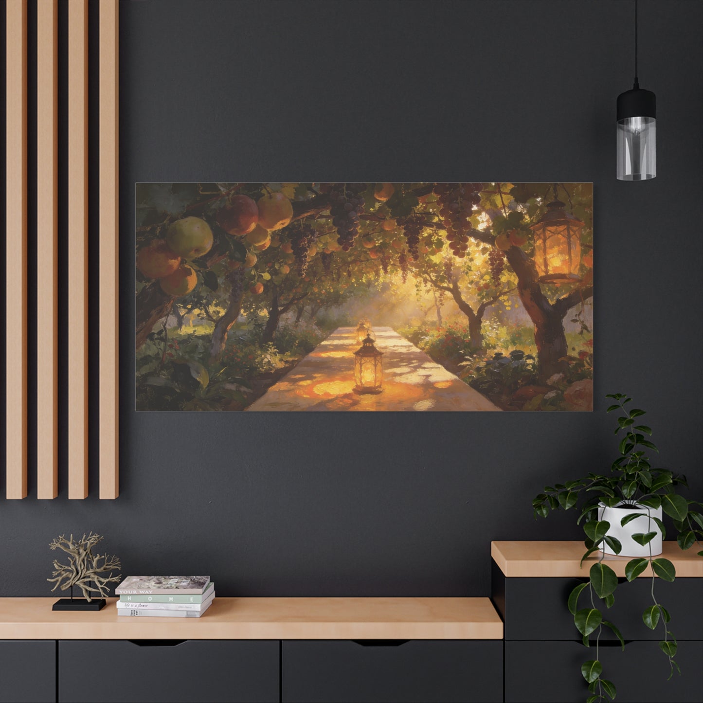 Fruit Orchard Canvas Wall Art - Lantern Lit Garden Path, Grape Vine And Apple Tree Painting - Matte Cotton Print, Rustic Traditional Style - Living Room Wall Decor, Bedroom Accent - Ready to Hang