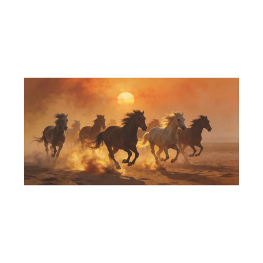 Running Horses Canvas Wall Art - Sunset Desert Herd, Golden Dust Motion - Matte Cotton Print, Contemporary Western Style - Living Room Wall Decor, Bedroom Home Decoration - Bedroom Home Decoration