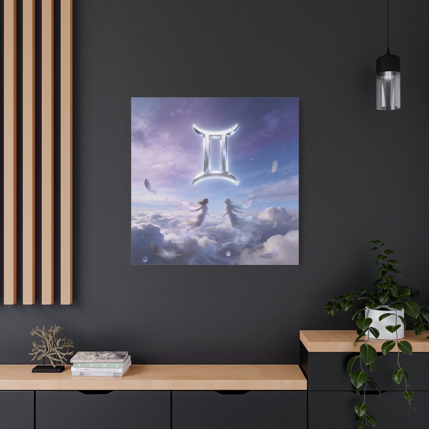 Gemini Zodiac Canvas Art Print - Glowing Twin Symbol, Ethereal Sky Illustration - Dreamy Celestial Typography Style - Cotton Canvas Decor For Bedroom, Living Space, Meditation Room - Office Wall Art