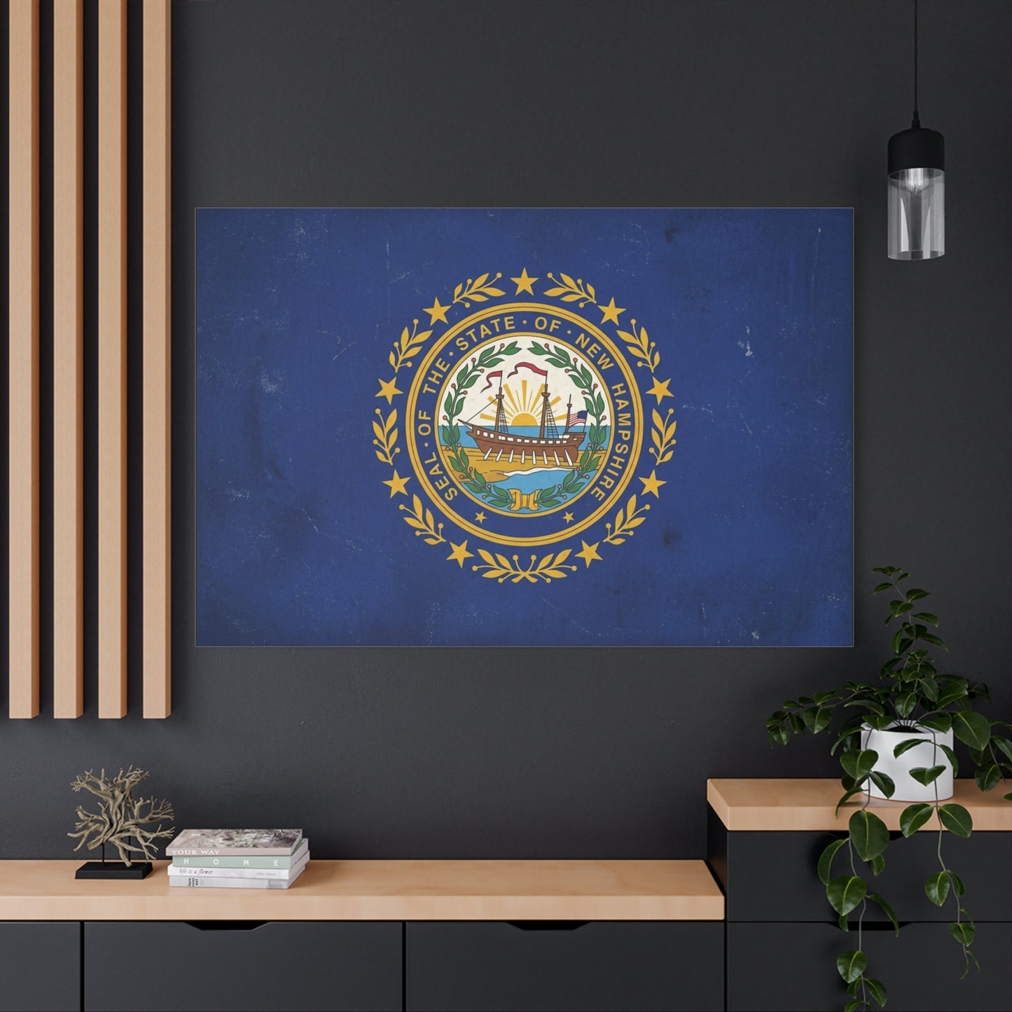 "Seal Of The State Of New Hampshire" Flag Canvas Wall Art - Vintage State Pride Decor, Blue Gold Emblem Print - Rustic Americana Style - Living Room Decoration - Office Wall Art - Ready to Hang