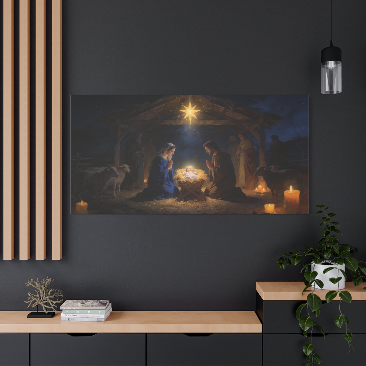 Nativity Scene Canvas Wall Art - Virgin Mary, Joseph, Baby Jesus In Manger - Starry Stable Religious Print - Traditional Christian Decor - Living Room Wall Decor Bedroom Home Decoration