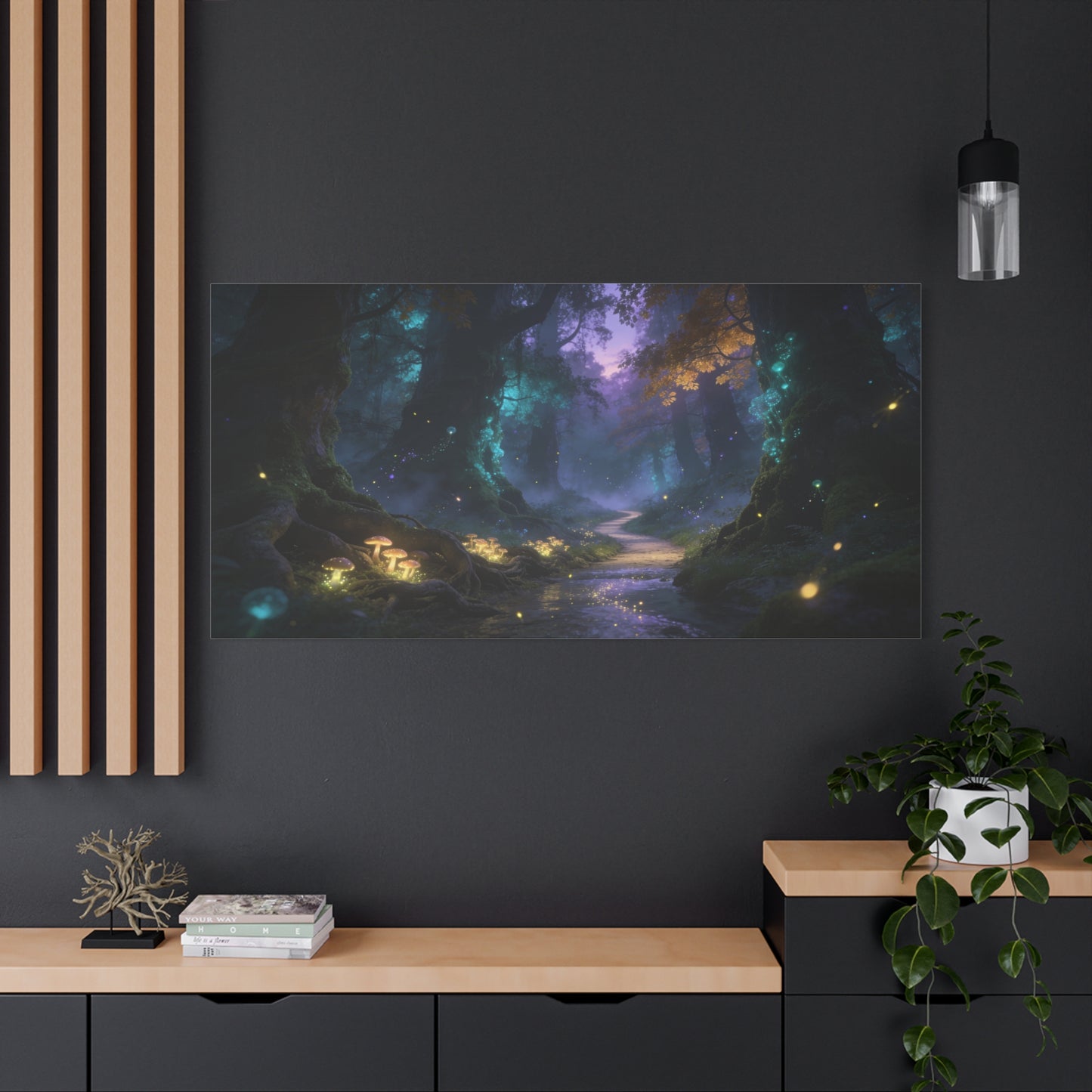 Enchanted Forest Canvas Wall Art - Glowing Mushrooms, Moonlit Woodland Path - Dreamy Fantasy Landscape - Matte Cotton Canvas Print - Living Room Wall Decor, Bedroom Home Decoration - Ready to Hang
