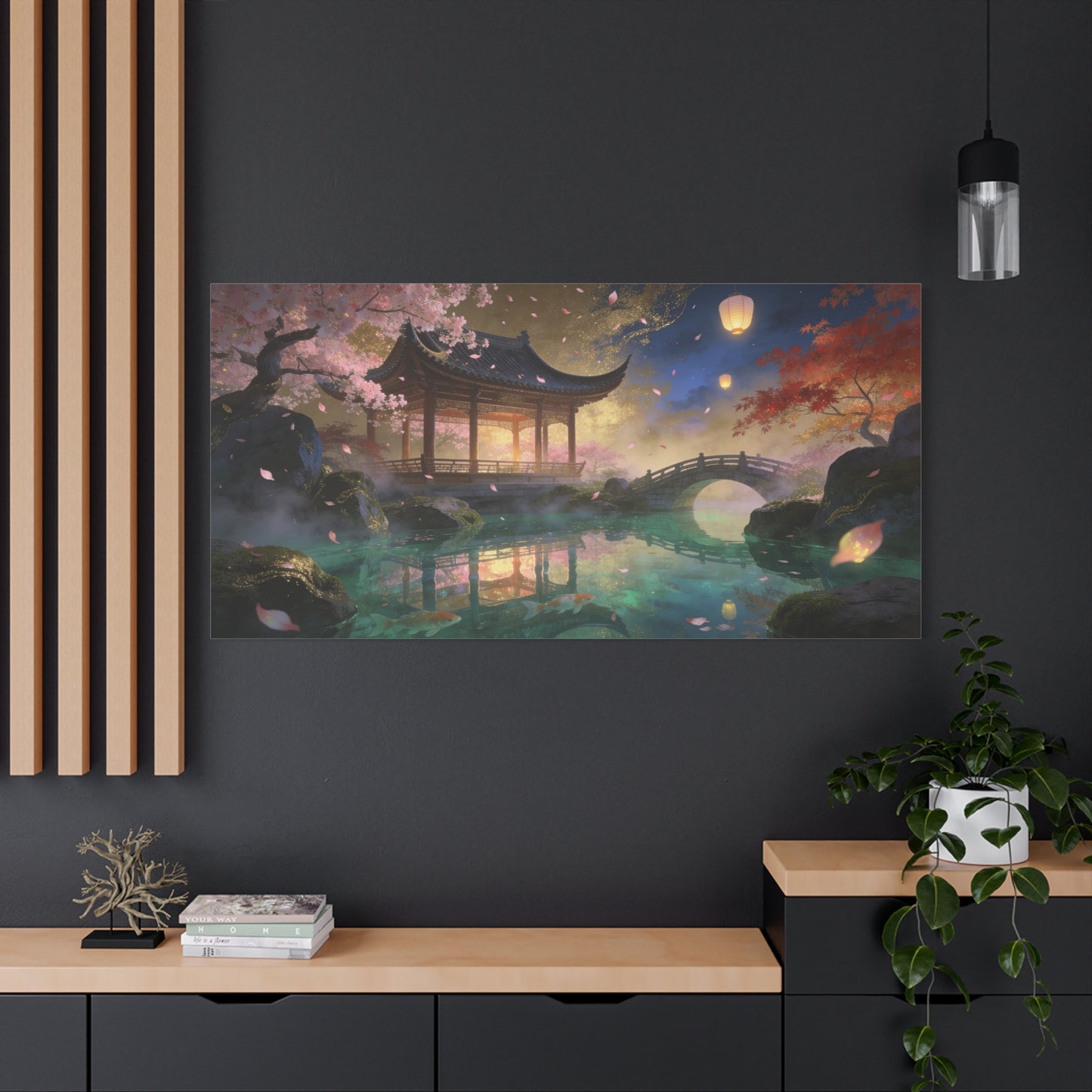 Japanese Garden Pavilion Canvas Wall Art - Cherry Blossom Pond, Lantern Night, Arched Bridge - Serene Traditional Landscape - Living Room Wall Decor, Bedroom Home Decoration - Bedroom Home Decoration