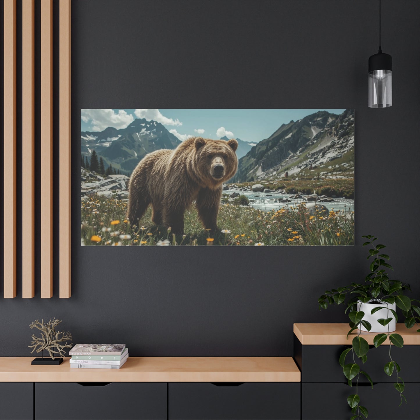 Grizzly Bear Canvas Wall Art - Alpine Mountain Meadow Wildlife Art Print - Rustic Nature Decor, Cotton Canvas - Living Room Wall Decor, Lodge Bedroom Home Decoration - Bedroom Home Decoration