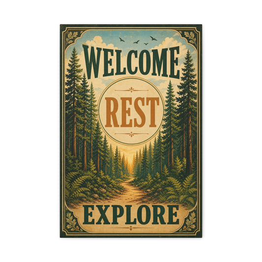 "Welcome Rest Explore" Forest Canvas Art Print - Vintage Pine Path Landscape Decor - Rustic Cabin Style, Nature Home Accent, Entryway Decoration, Lodge Interior Piece - Living Room Wall Decor