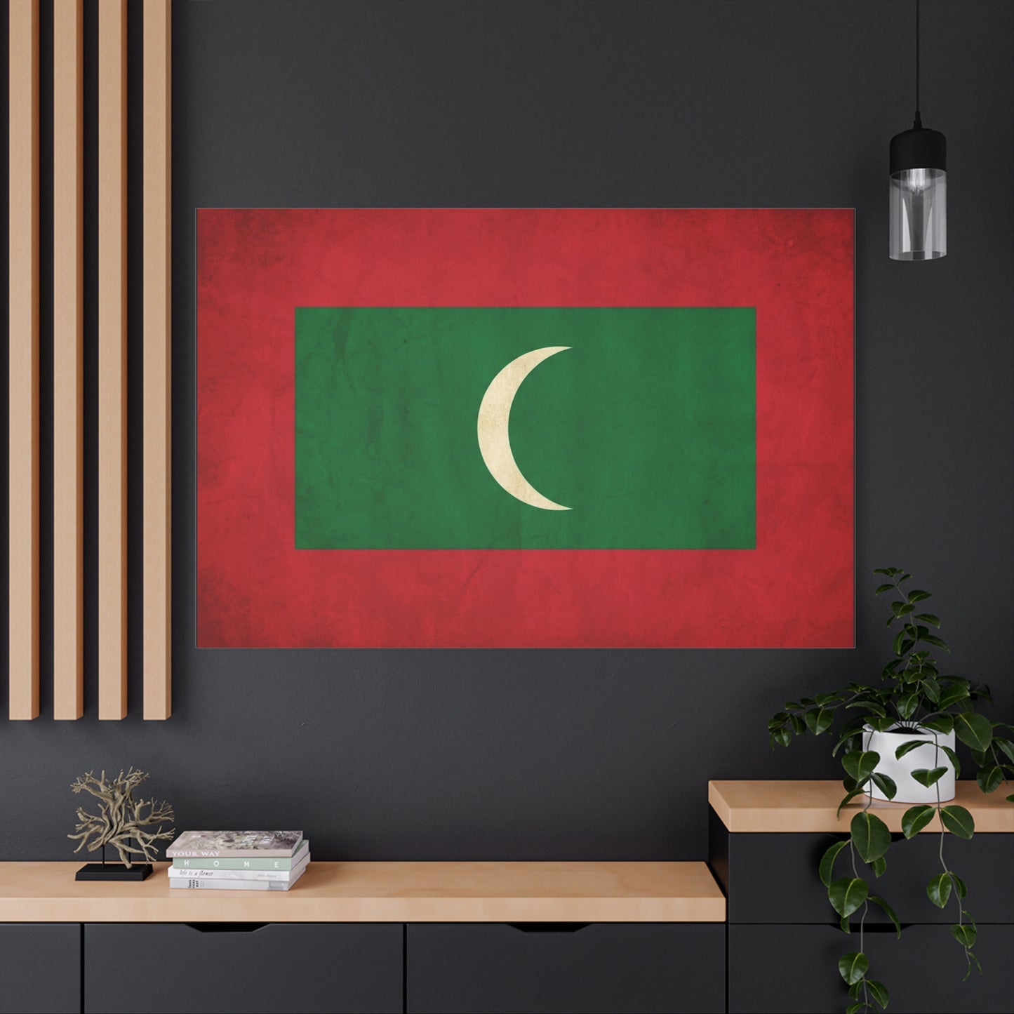 Maldives Flag Canvas Wall Art - Vintage National Banner Print, Red Green White Crescent - Patriotic Typography Style - Living Room Wall Decor, Bedroom Home Decoration - Bedroom Home Decoration