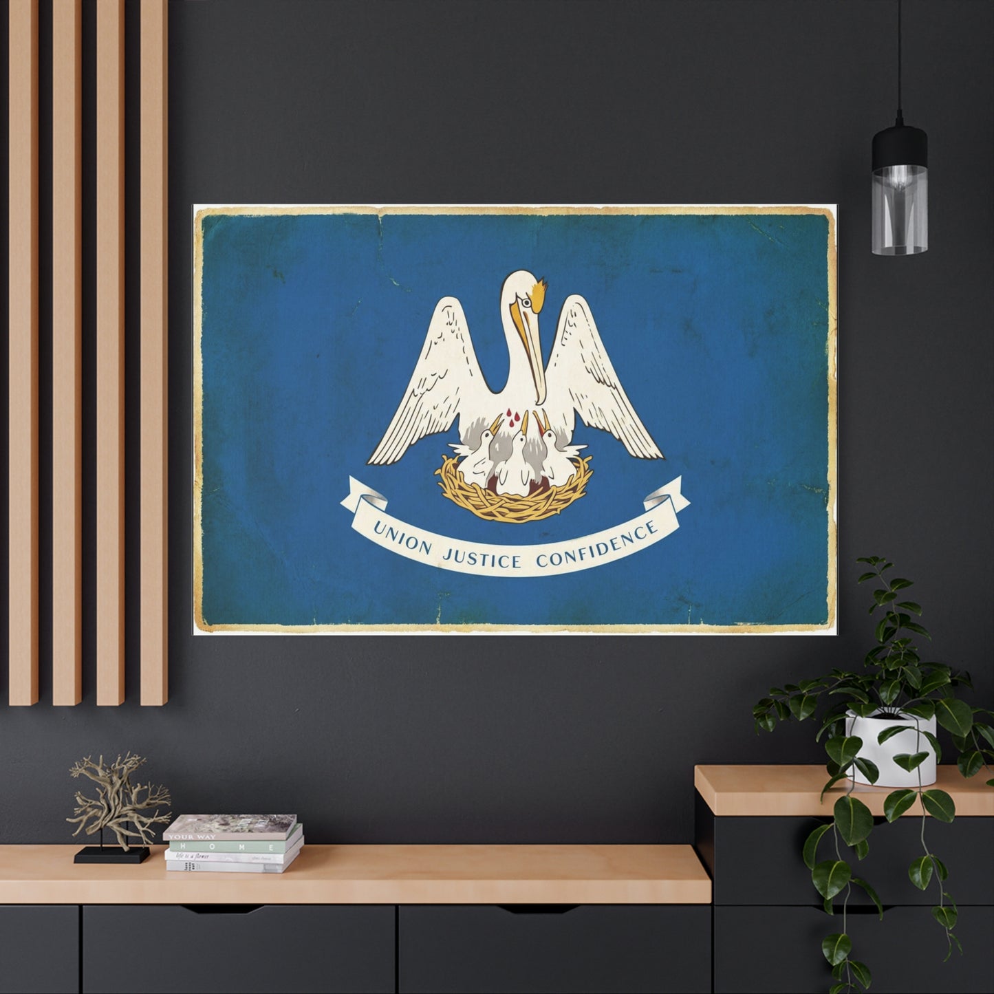 "Union Justice Confidence" Louisiana State Flag Canvas Wall Art - Vintage Pelican Crest Print, Distressed Blue Banner, Patriotic Traditional Decor - Living Room Office Wall Decor - Ready to Hang