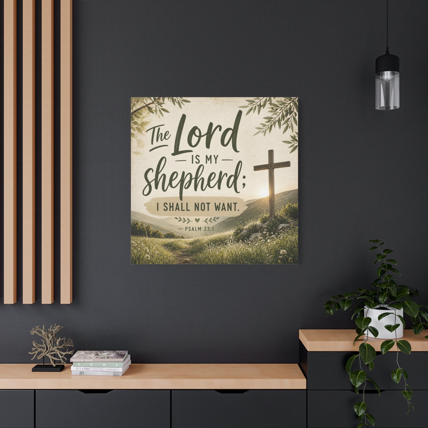 "The Lord Is My Shepherd, I Shall Not Want. - Psalm 23:1" Christian Canvas Wall Art - Rustic Cross Meadow Landscape, Farmhouse Scripture Decor, Bedroom Living Room Wall Hanging - Ready to Hang