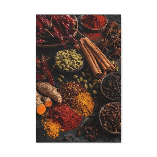 Spice Still Life Canvas Wall Art - Dried Chili Peppers, Cinnamon, Turmeric, Star Anise - Rustic Food Art Print - Kitchen Wall Decor, Dining Room Accent, Vintage Style - Bedroom Home Decoration