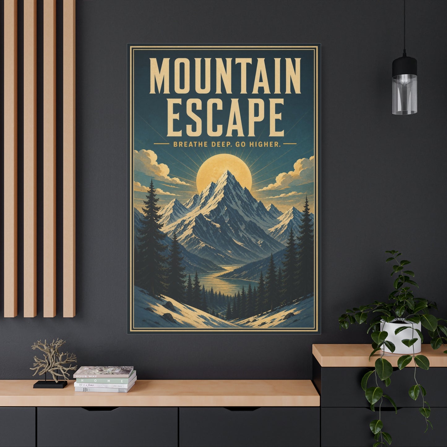 "Mountain Escape Breathe Deep. Go Higher." Canvas Wall Art - Vintage Mountain Landscape Poster Print, Sunlit Alpine Peaks, Rustic Lodge Style, Living Room Wall Decor, Office Art - Ready to Hang