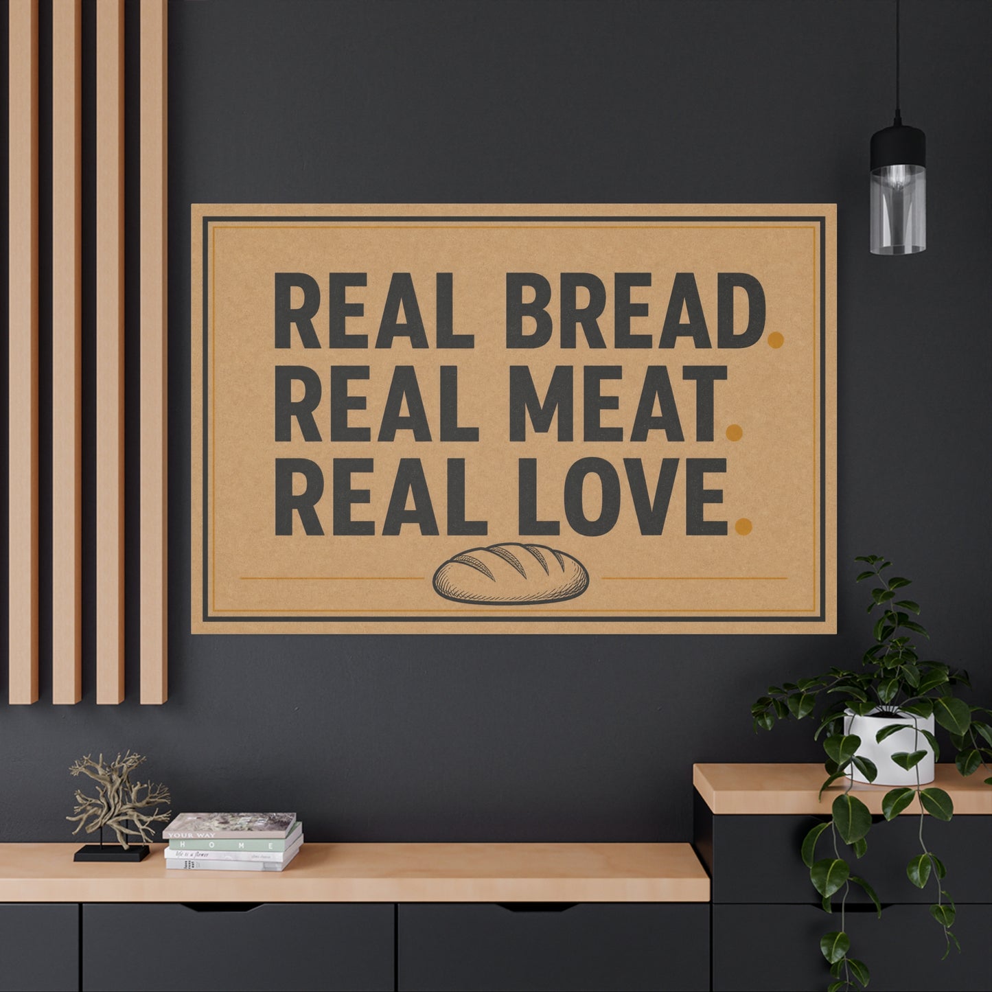 "Real Bread. Real Meat. Real Love." Canvas Wall Art - Rustic Typography Food Sign - Farmhouse Neutral Canvas Print - Bakery Style - Ready to Hang - Deli Wall Decor - Sandwich Shop Sign - Diner Decor
