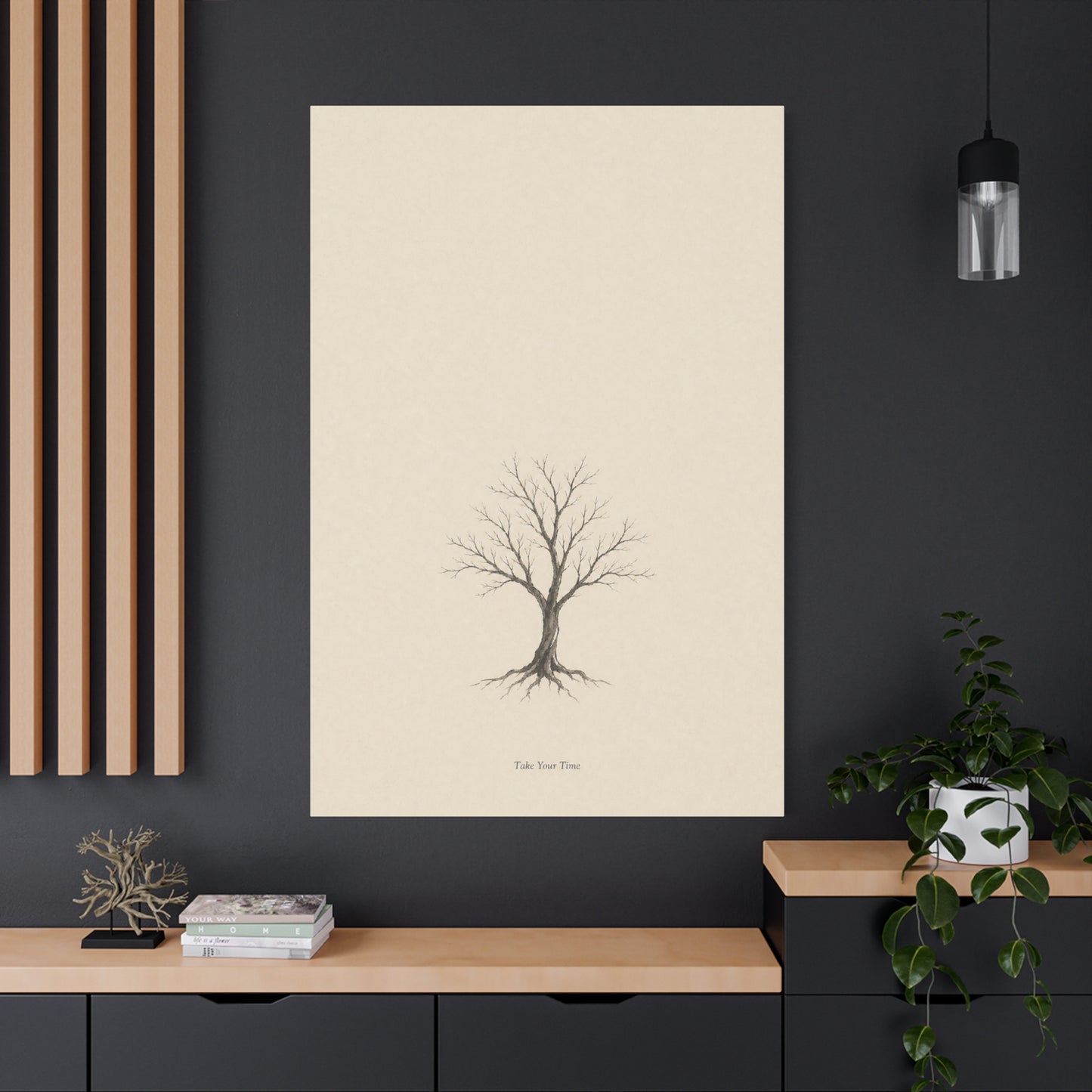 "Take Your Time" Minimalist Tree Canvas Wall Art - Neutral Botanical Print, Beige Contemporary Decor - Matte Cotton Artwork - Bedroom Home Decoration - Living Room Wall Decor - Bedroom Home Decoration