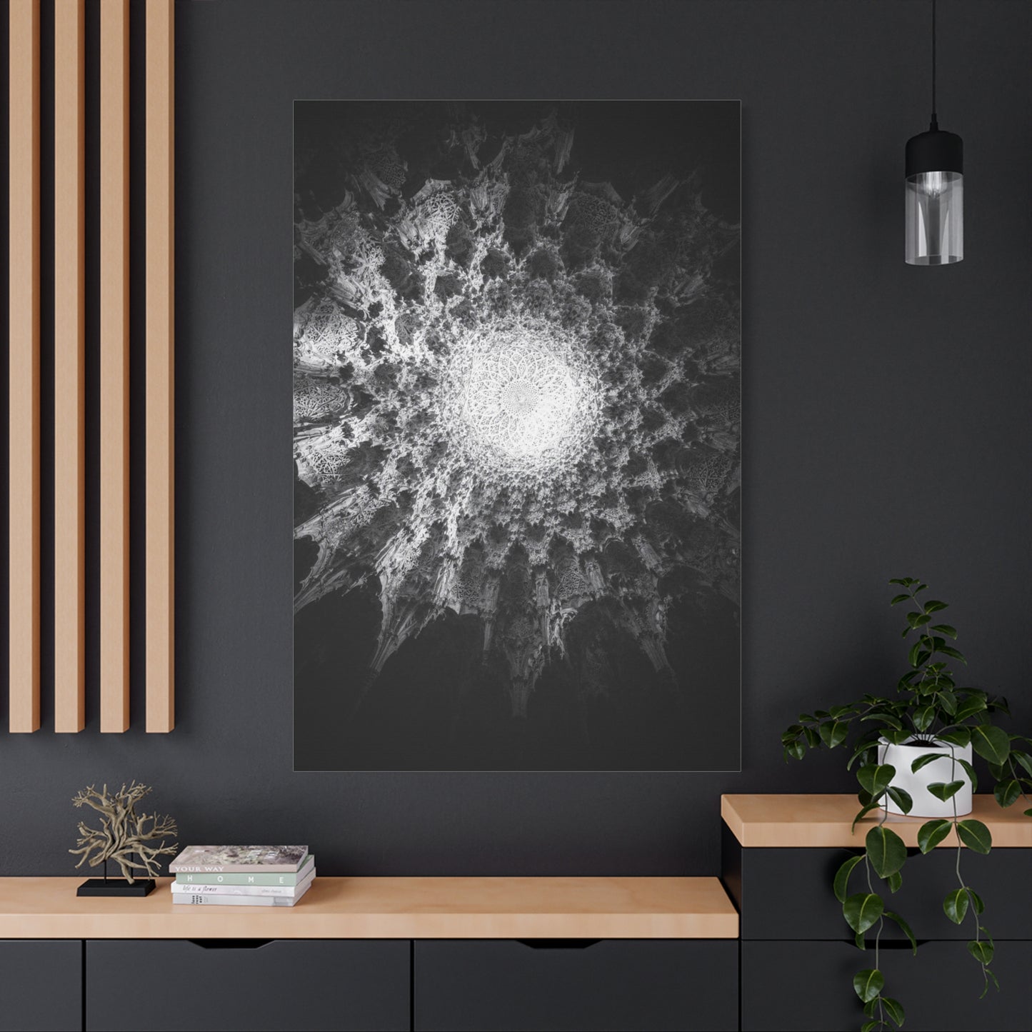 Abstract Black White Canvas Wall Art - Monochrome Fractal Mandala Design, Architectural Spiral Light - Matte Cotton Art Print - Contemporary Decor For Living Room, Bedroom, Office Accent