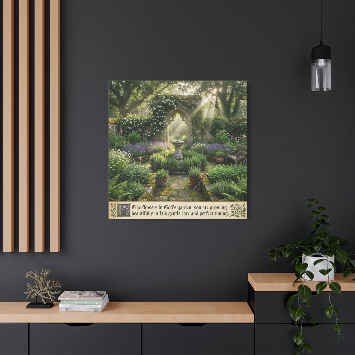 "Like Flowers In God's Garden, You Are Growing Beautifully In His Gentle Care And Divine Timing" Canvas Wall Art - Sunlit Garden Arch, Botanical Landscape Print - Living Room Decor - Office Wall Art