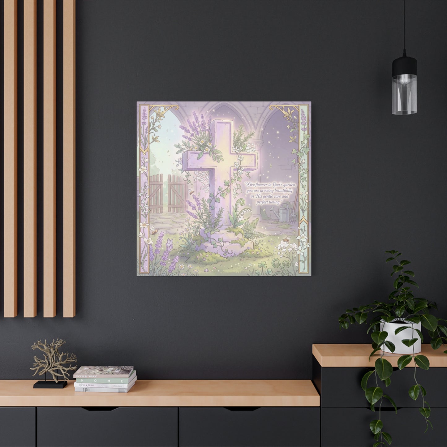 "Like Flowers In God's Garden, You Are Growing Beautifully" Christian Canvas Wall Art - Floral Cross Scripture Decor - Lavender Garden Illustration - Bedroom Home Decoration, Living Room Accent