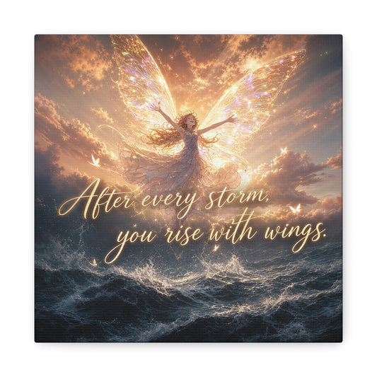 "After Every Storm, You Rise With Wings." Fairy Canvas Wall Art - Inspirational Ocean Sky Quote Print - Golden Ethereal Fantasy Decor - Bedroom Wall Hanging, Living Room Accent - Ready to Hang
