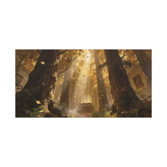 Enchanted Forest Library Canvas Wall Art - Sunbeams, Open Book, Autumn Trees - Matte Cotton Art Print - Fantasy Landscape Style - Living Room Wall Decor, Office Accent - Bedroom Home Decoration
