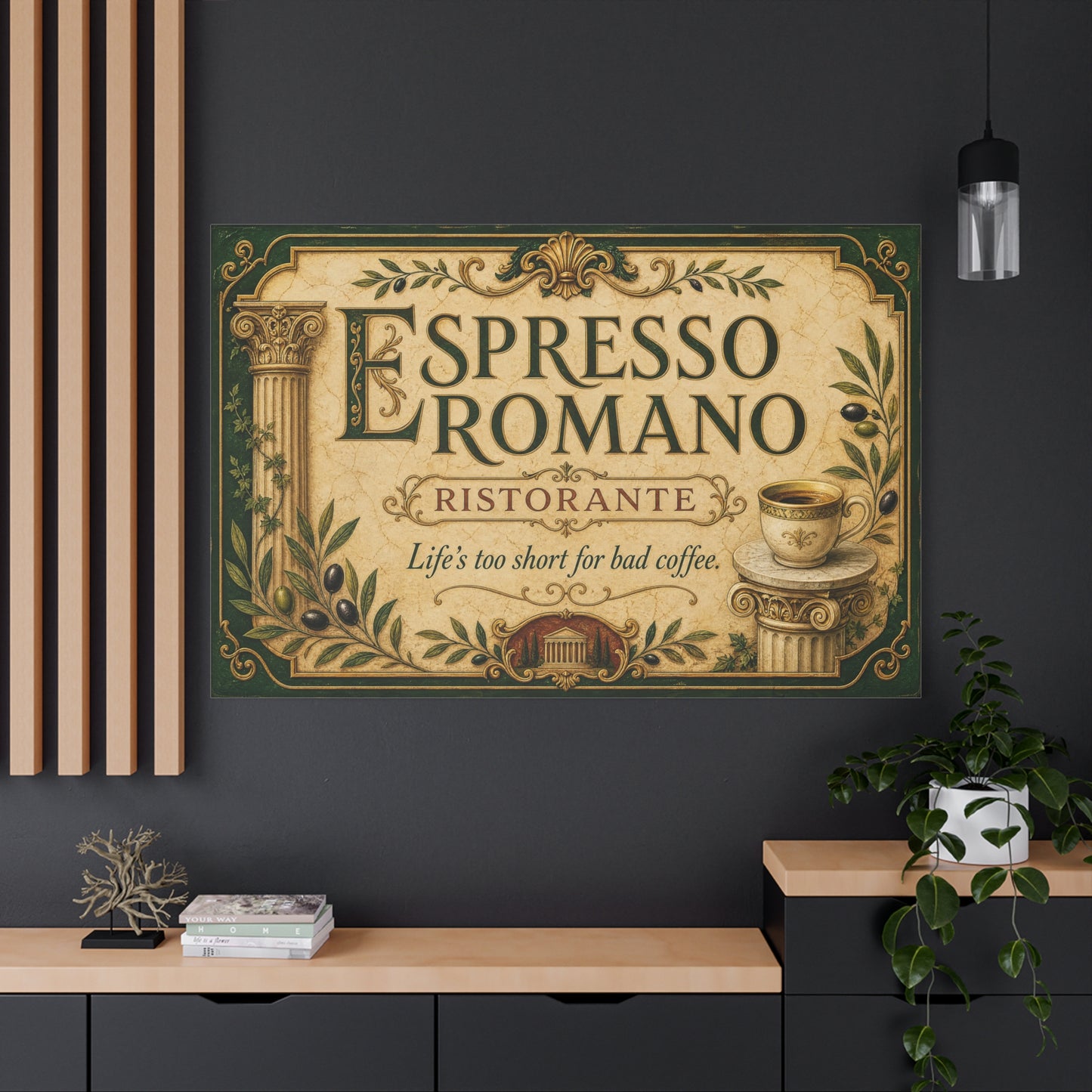 "Espresso Romano" Canvas Wall Art - "Life's Too Short For Bad Coffee." Vintage Italian Cafe Decor, Olive Branches, Roman Columns, Espresso Cup - Coffee Shop Decor - Cafe Wall Art - Ready to Hang